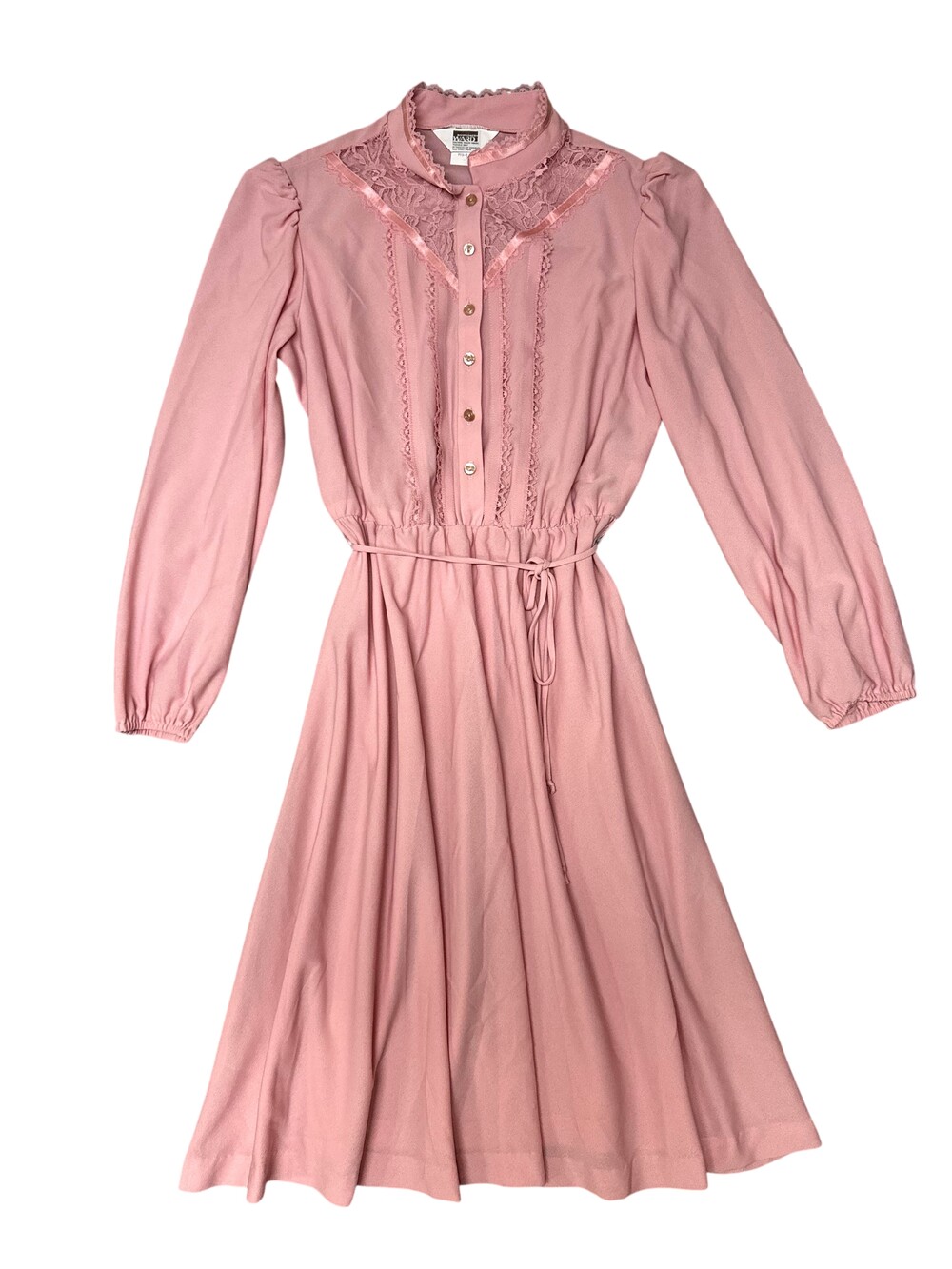 Vintage Montgomery Ward Dress Womens 14P Pink Lace Prairie High Neck Midi 70s